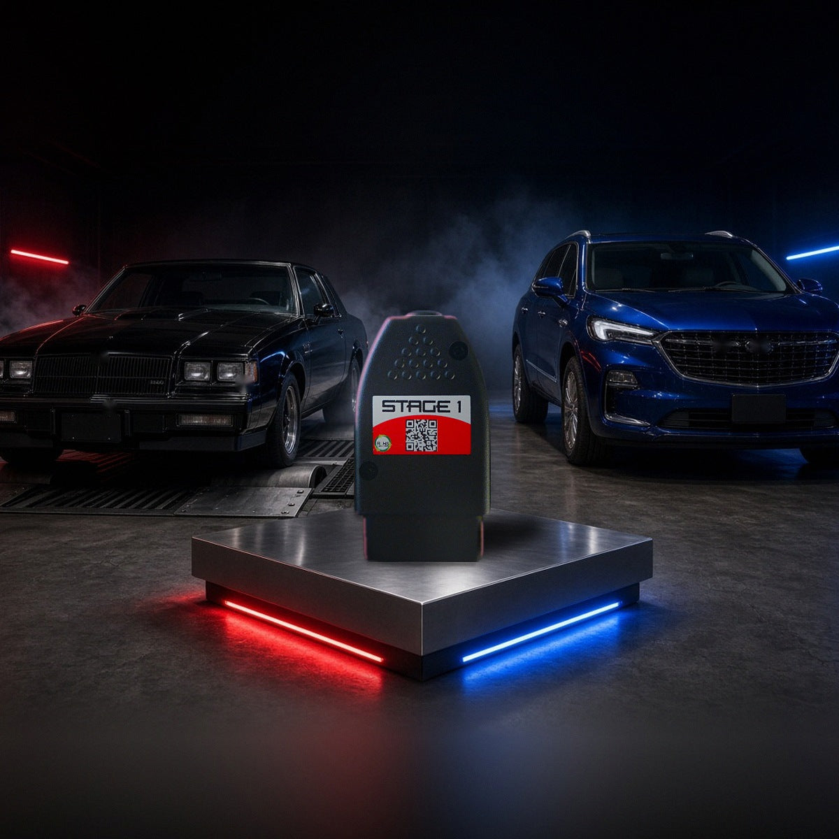 Stage 1 performance chip on a pedestal with a Buick Grand National and Enclave in a dyno shop