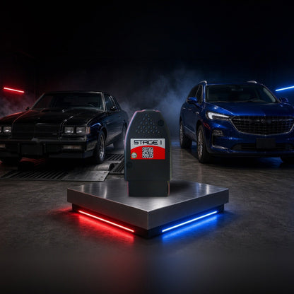 Stage 1 performance chip on a pedestal with a Buick Grand National and Enclave in a dyno shop