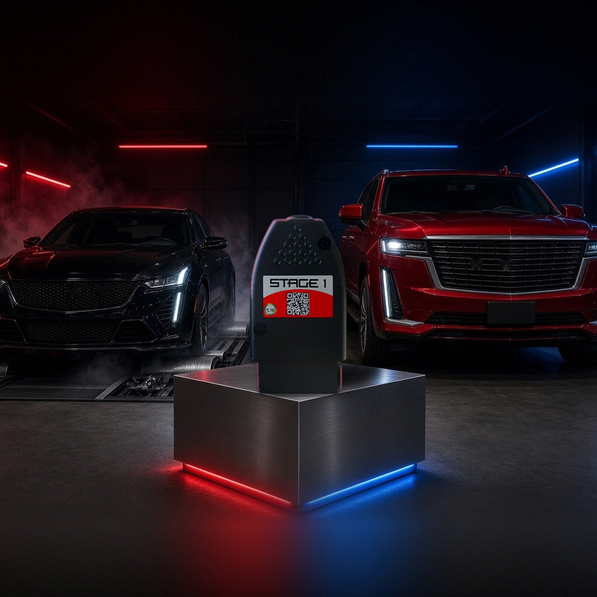 Stage 1 performance chip on a pedestal with a Cadillac CT5-V Blackwing and Escalade in a dyno shop