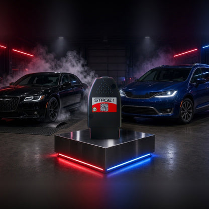 Stage 1 performance chip on a pedestal with a Chrysler 300 and Pacifica in a dyno shop