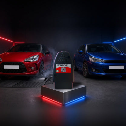 Stage 1 performance chip on a pedestal with a Citroen DS3 and C4 in a dyno shop