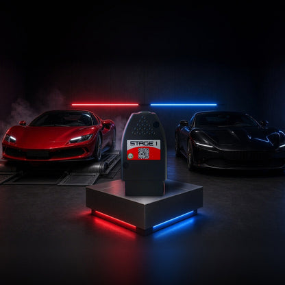 Stage 1 performance chip on a pedestal with a Ferrari 296 GTB and Roma in a dyno shop