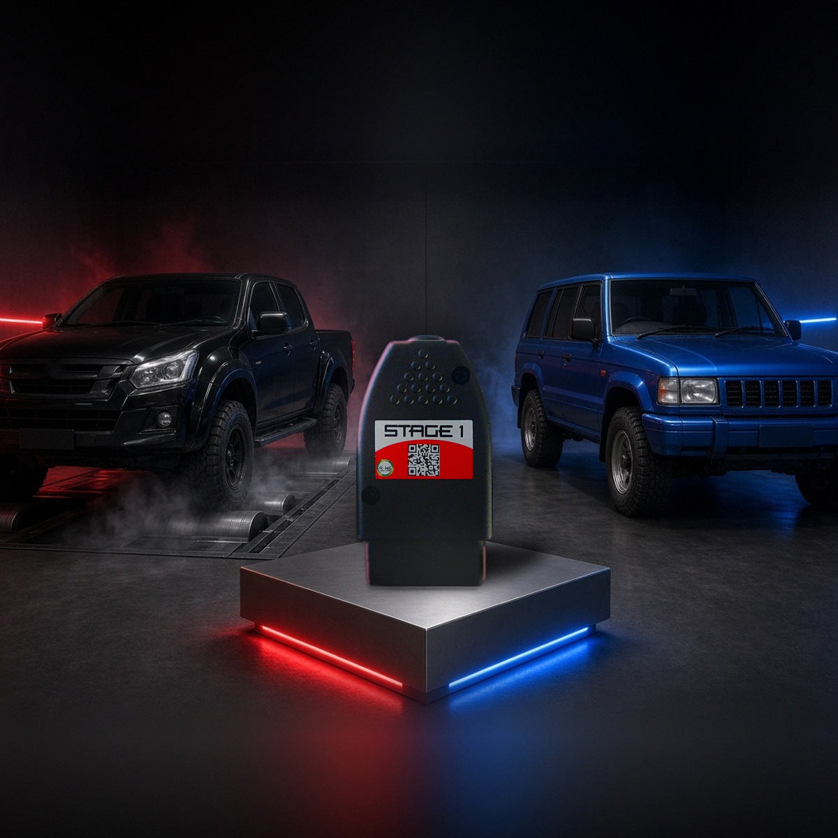 Stage 1 performance chip on a pedestal with an Isuzu D-Max and Trooper in a dyno shop