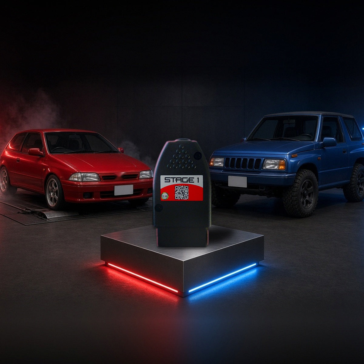 Stage 1 performance chip on a pedestal with a GEO Metro and Tracker in a dyno shop