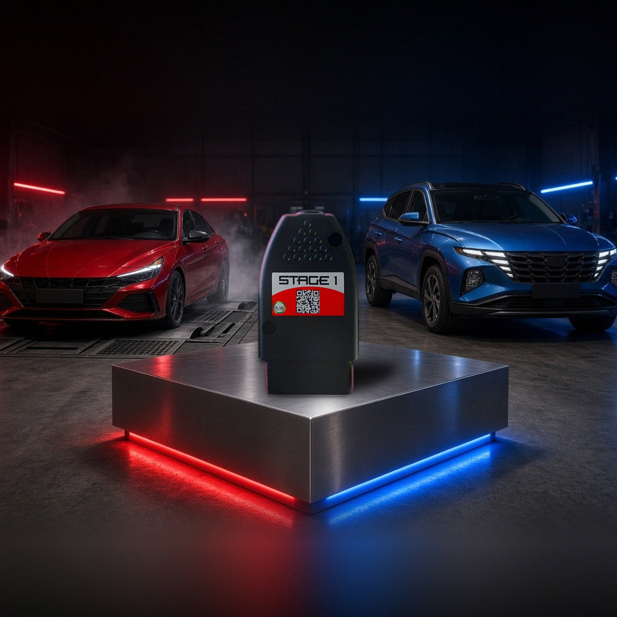 Stage 1 performance chip on a pedestal with a Hyundai Elantra N and Tucson in a dyno shop