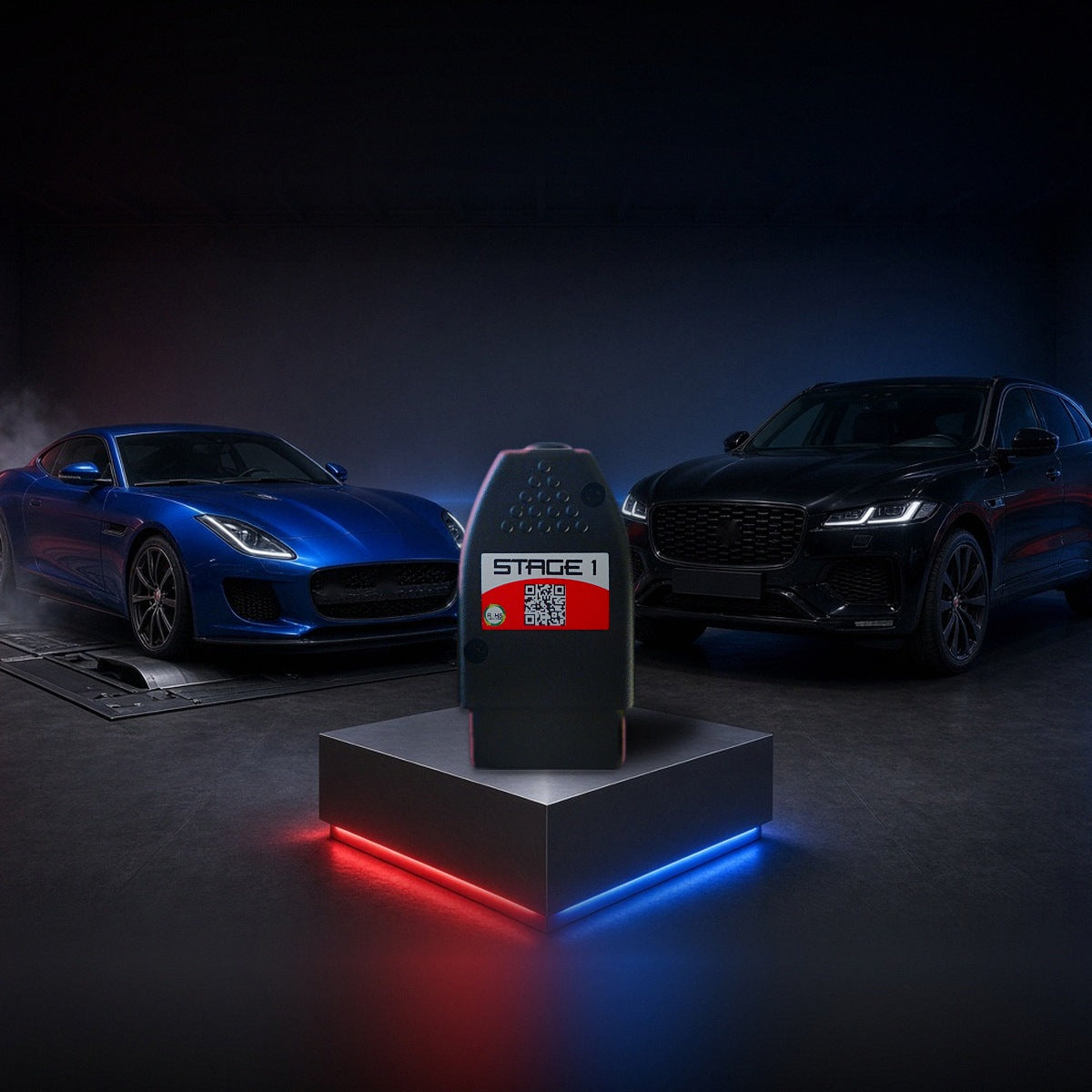 Stage 1 performance chip on a pedestal with a Jaguar F-Type and F-Pace in a dyno shop