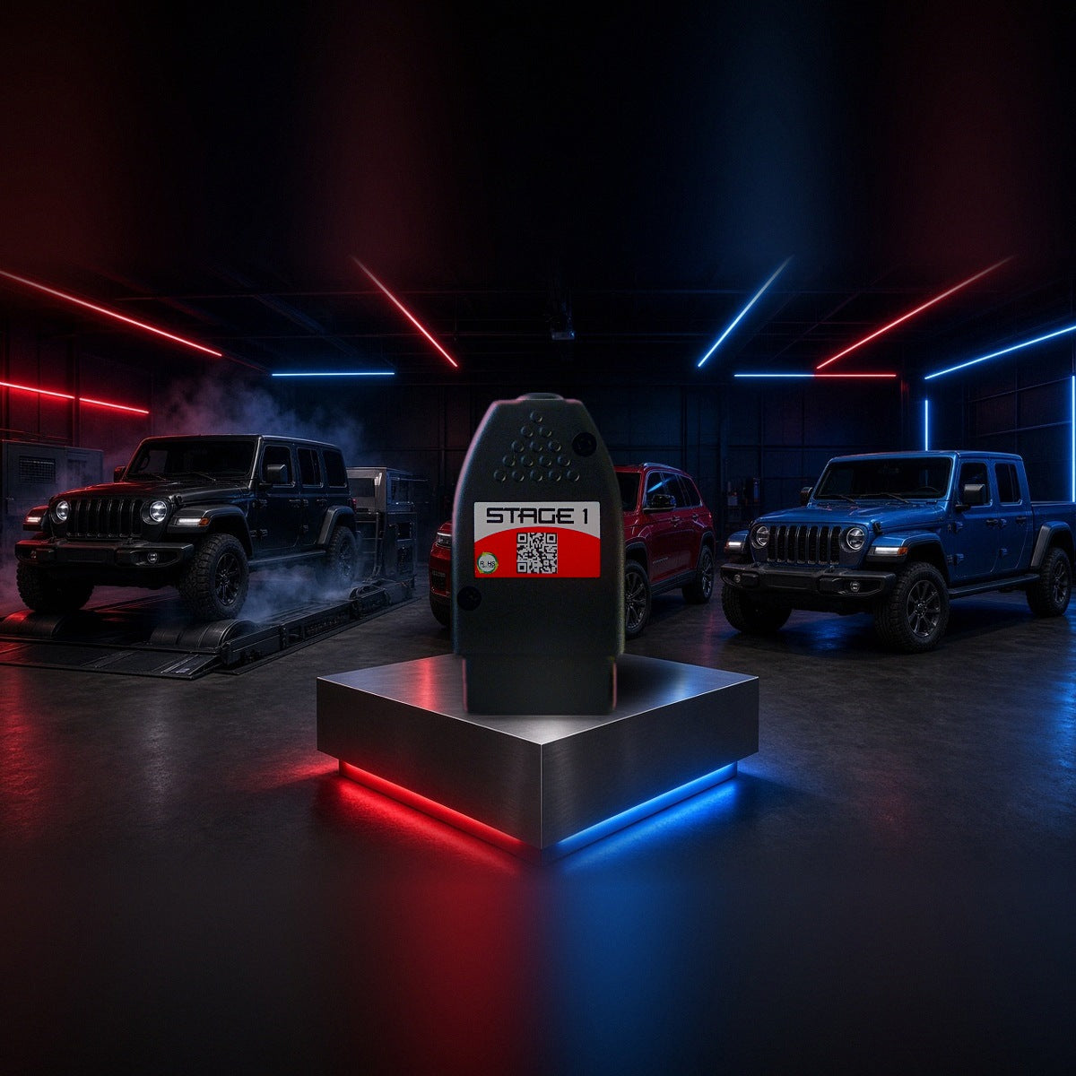 Stage 1 performance chip on a pedestal with a Jeep Wrangler, Grand Cherokee and Gladiator in a dyno shop