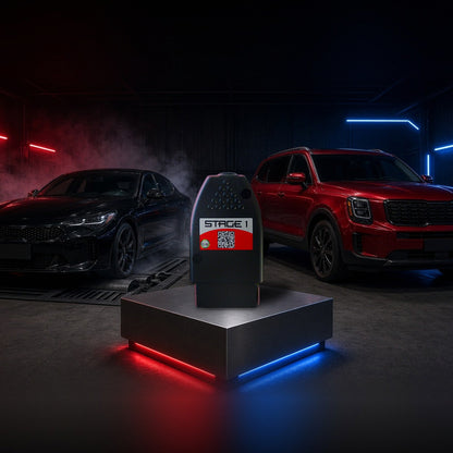 Stage 1 performance chip on a pedestal with a Kia Stinger and Telluride in a dyno shop