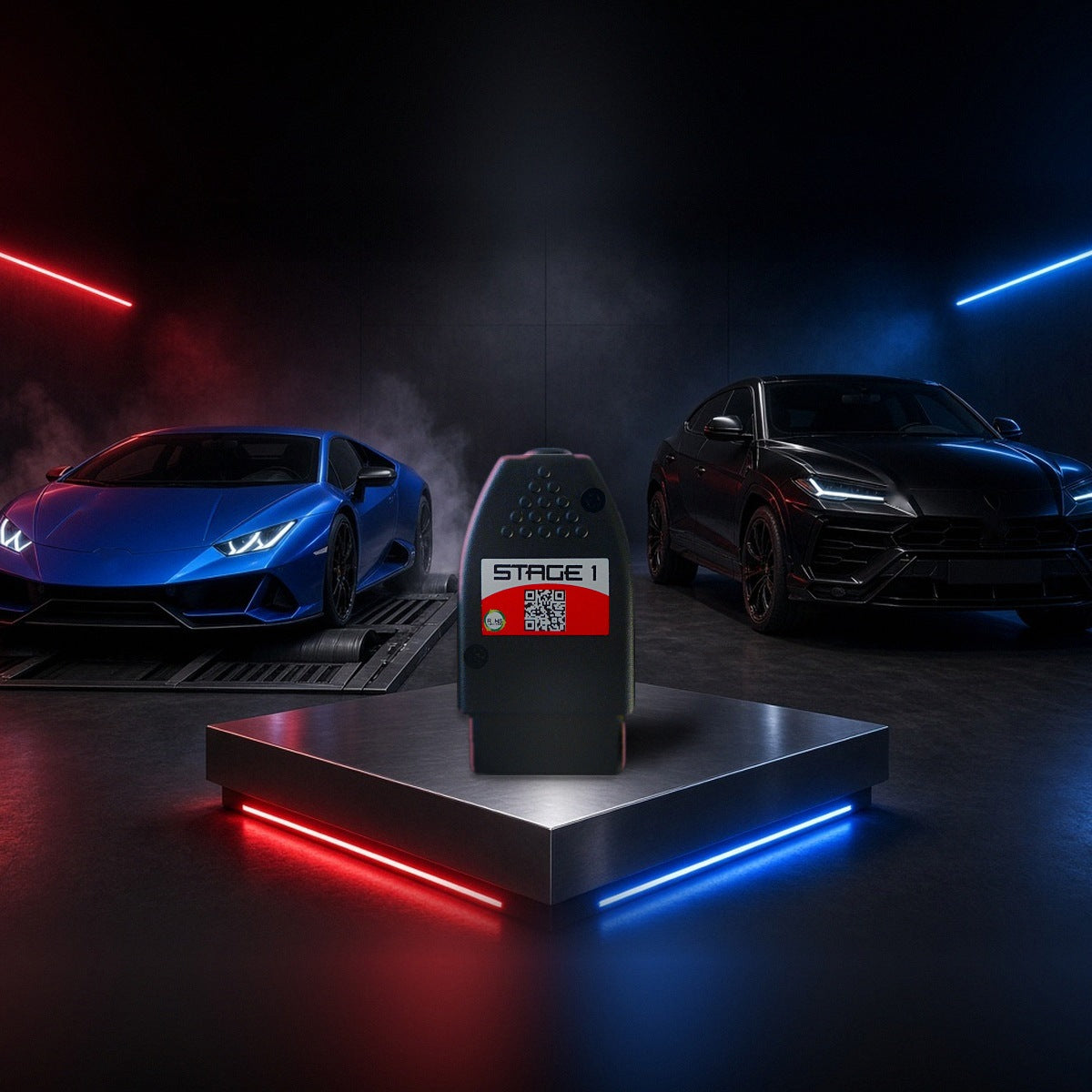 Stage 1 performance chip on a pedestal with a Lamborghini Huracan and Urus in a dyno shop