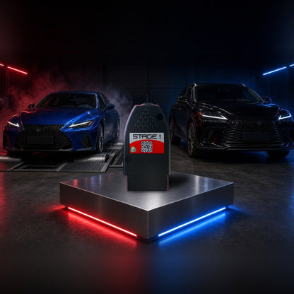 Stage 1 performance chip on a pedestal with a Lexus IS 500 and RX in a dyno shop