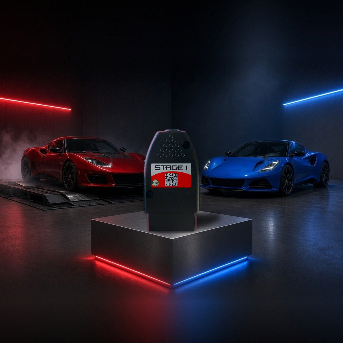 Stage 1 performance chip on a pedestal with a Lotus Evora and Emira in a dyno shop