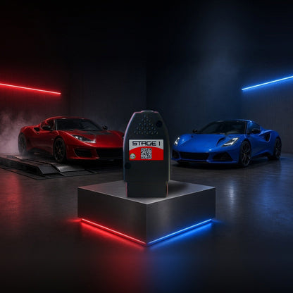 Stage 1 performance chip on a pedestal with a Lotus Evora and Emira in a dyno shop