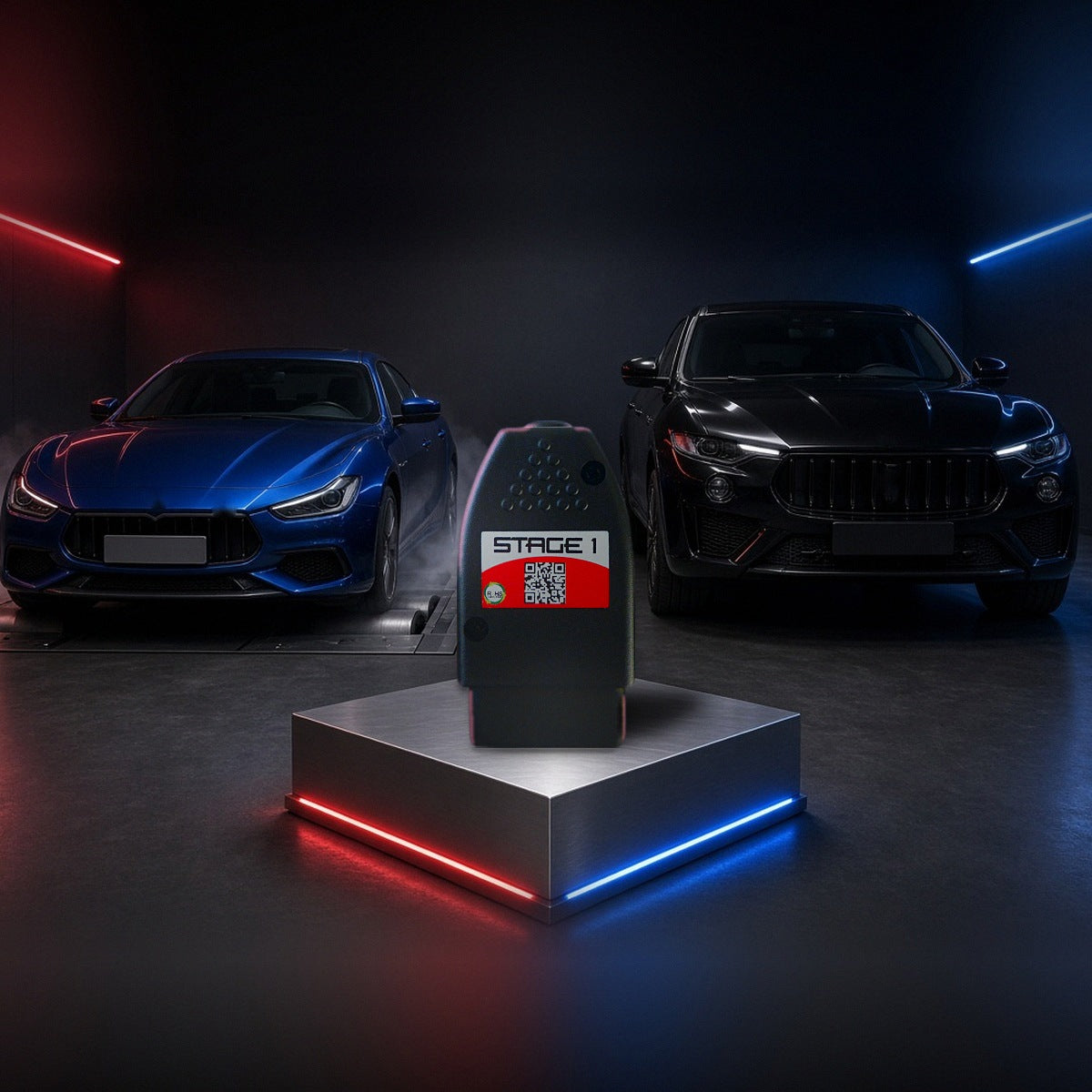 Stage 1 performance chip on a pedestal with a Maserati Ghibli and Levante in a dyno shop