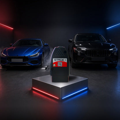 Stage 1 performance chip on a pedestal with a Maserati Ghibli and Levante in a dyno shop