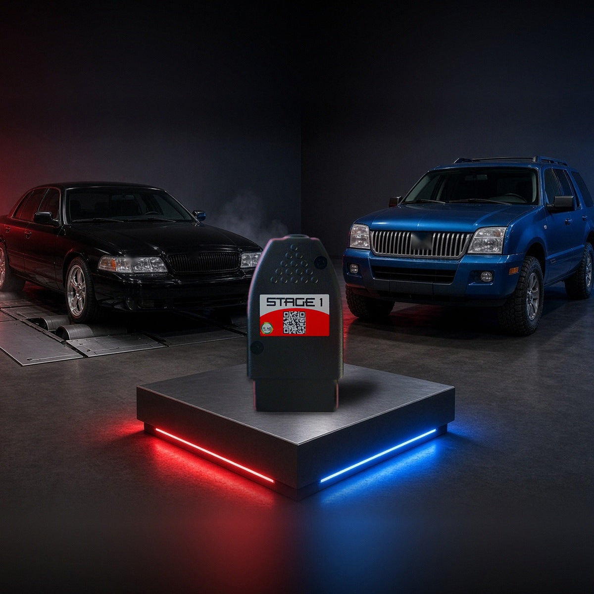Stage 1 performance chip on a pedestal with a Mercury Marauder and Mountaineer in a dyno shop