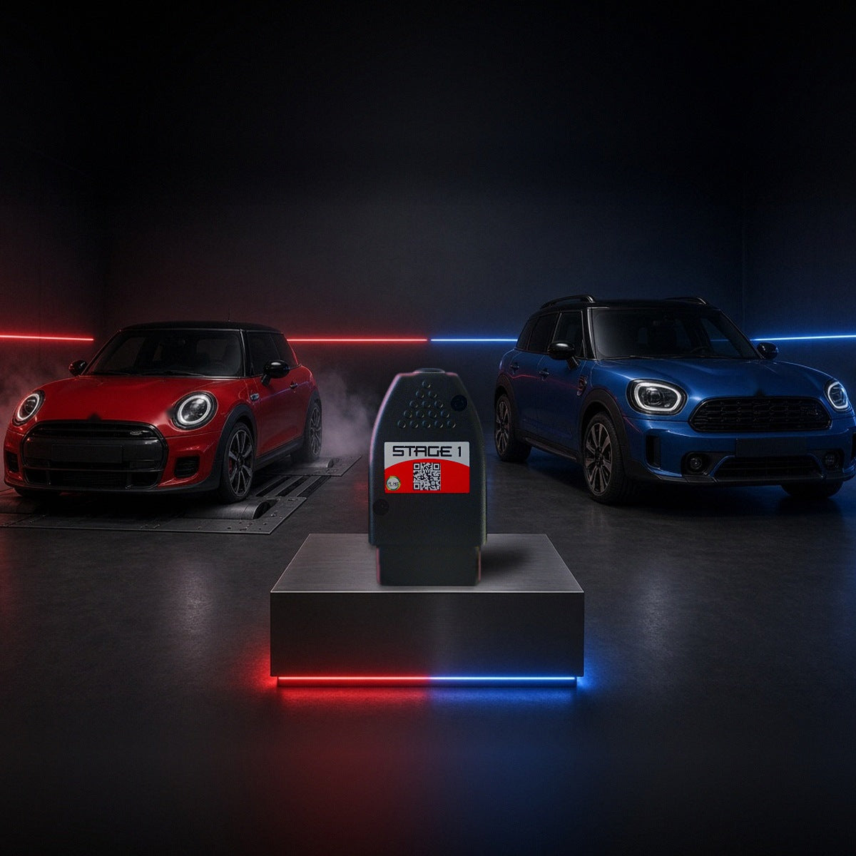 Stage 1 performance chip on a pedestal with a Mini Cooper S and Countryman in a dyno shop