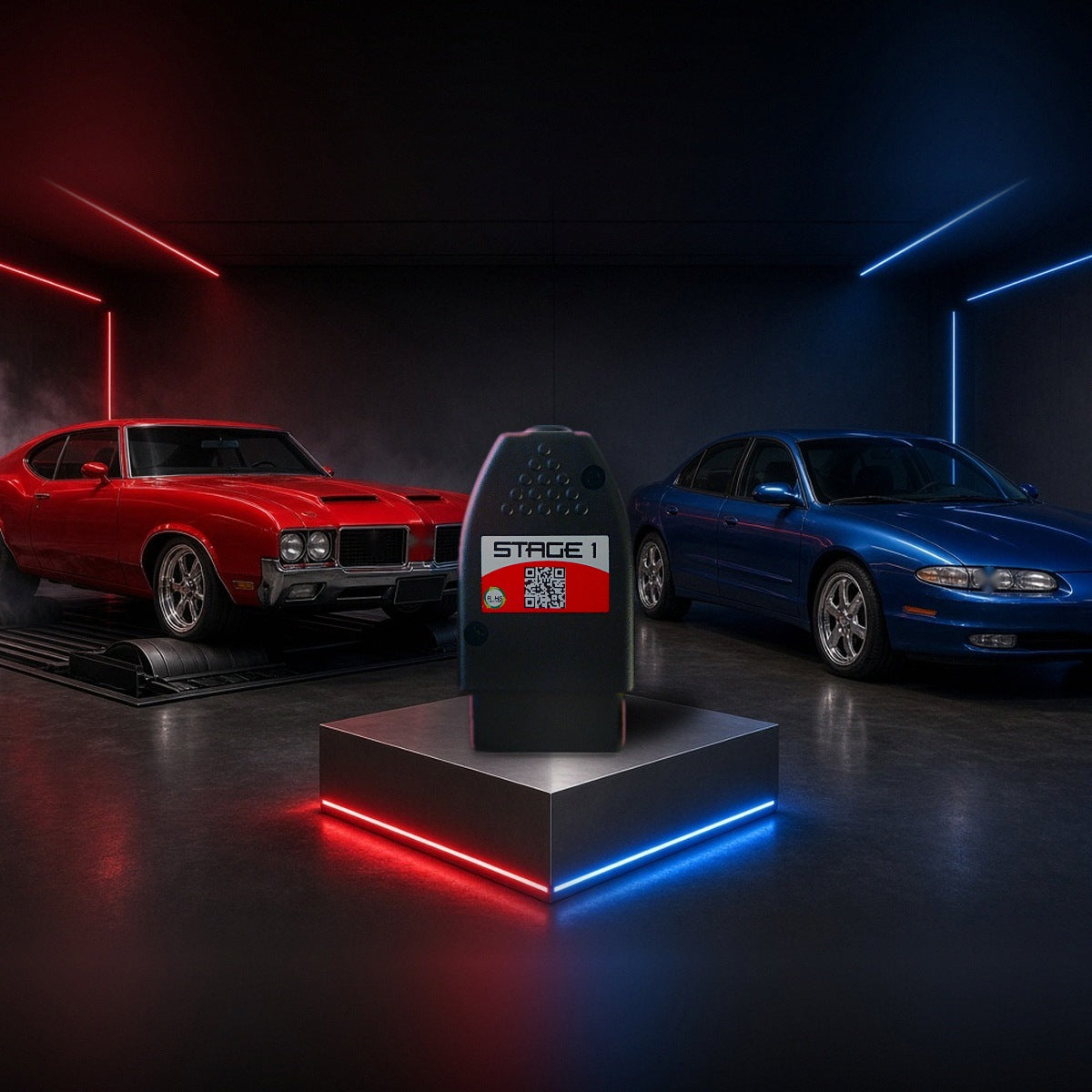 Stage 1 performance chip on a pedestal with an Oldsmobile 442 and Aurora in a dyno shop