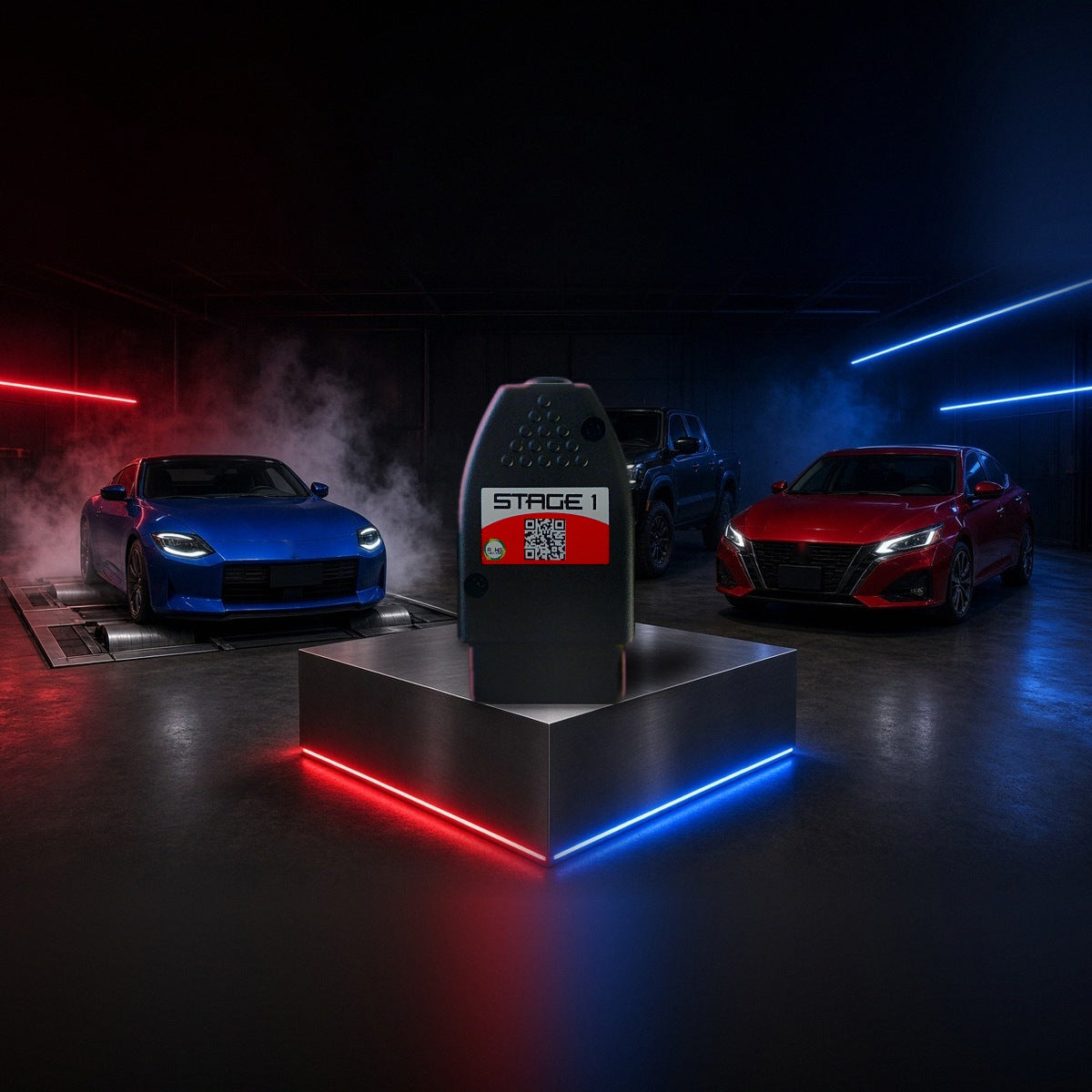Stage 1 performance chip on a pedestal with a Nissan Z, Frontier and Altima in a dyno shop