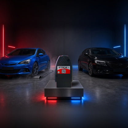 Stage 1 performance chip on a pedestal with an Opel Astra OPC and Insignia in a dyno shop