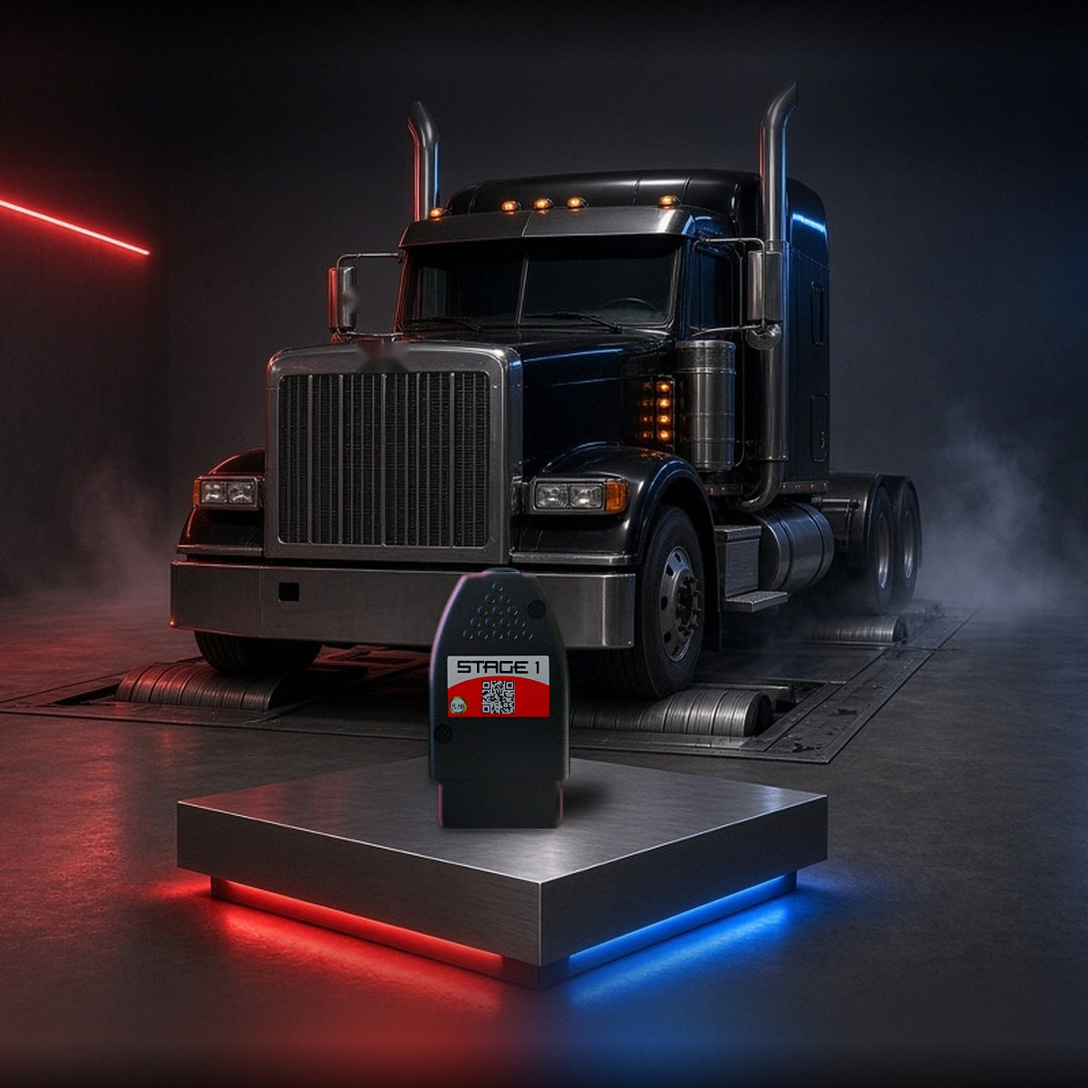Stage 1 performance chip on a pedestal with a Peterbilt 389 semi truck in a dyno shop