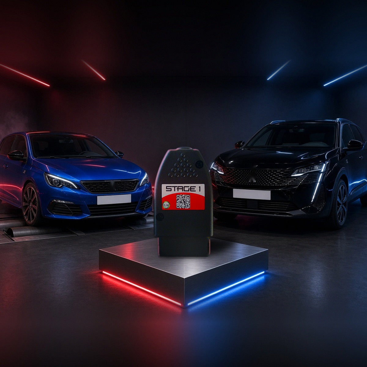 Stage 1 performance chip on a pedestal with a Peugeot 308 and 3008 in a dyno shop