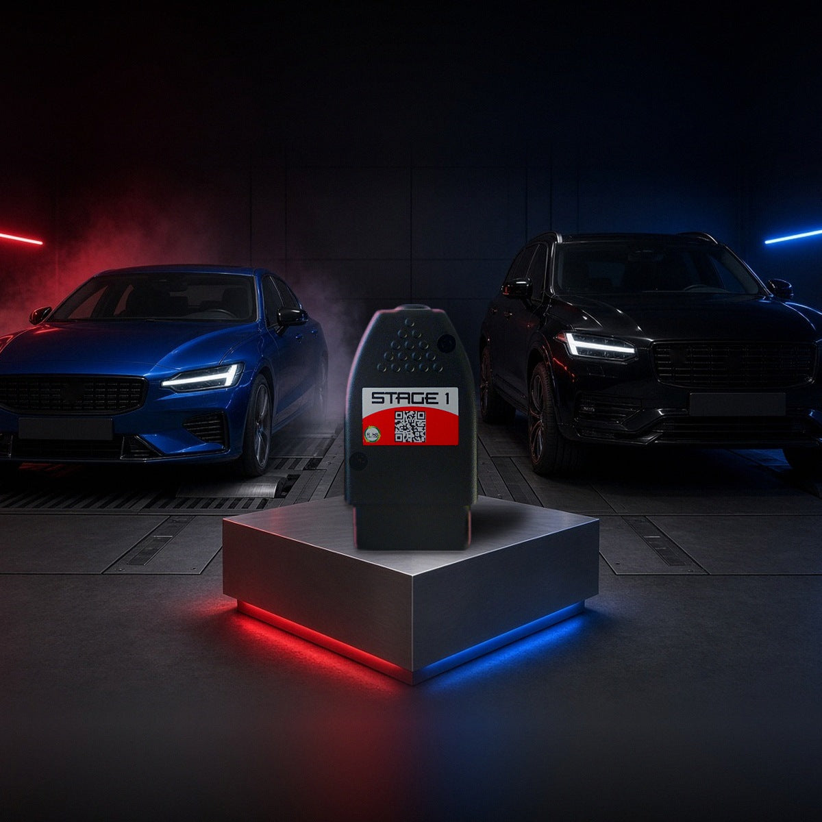 Stage 1 performance chip on a pedestal with a Volvo S60 and XC90 in a dyno shop