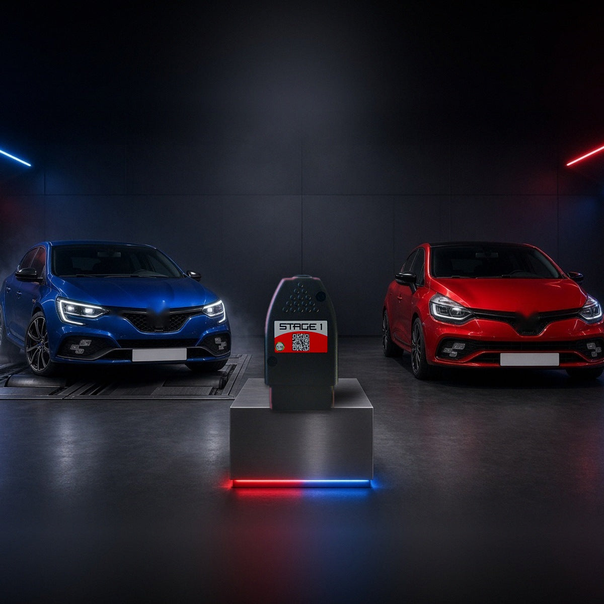 Stage 1 performance chip on a pedestal with a Renault Megane and Clio in a dyno shop