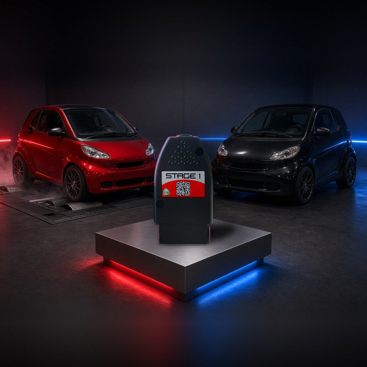 Stage 1 performance chip on a pedestal with a Smart Fortwo in a dyno shop