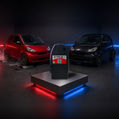 Stage 1 performance chip on a pedestal with a Smart Fortwo in a dyno shop