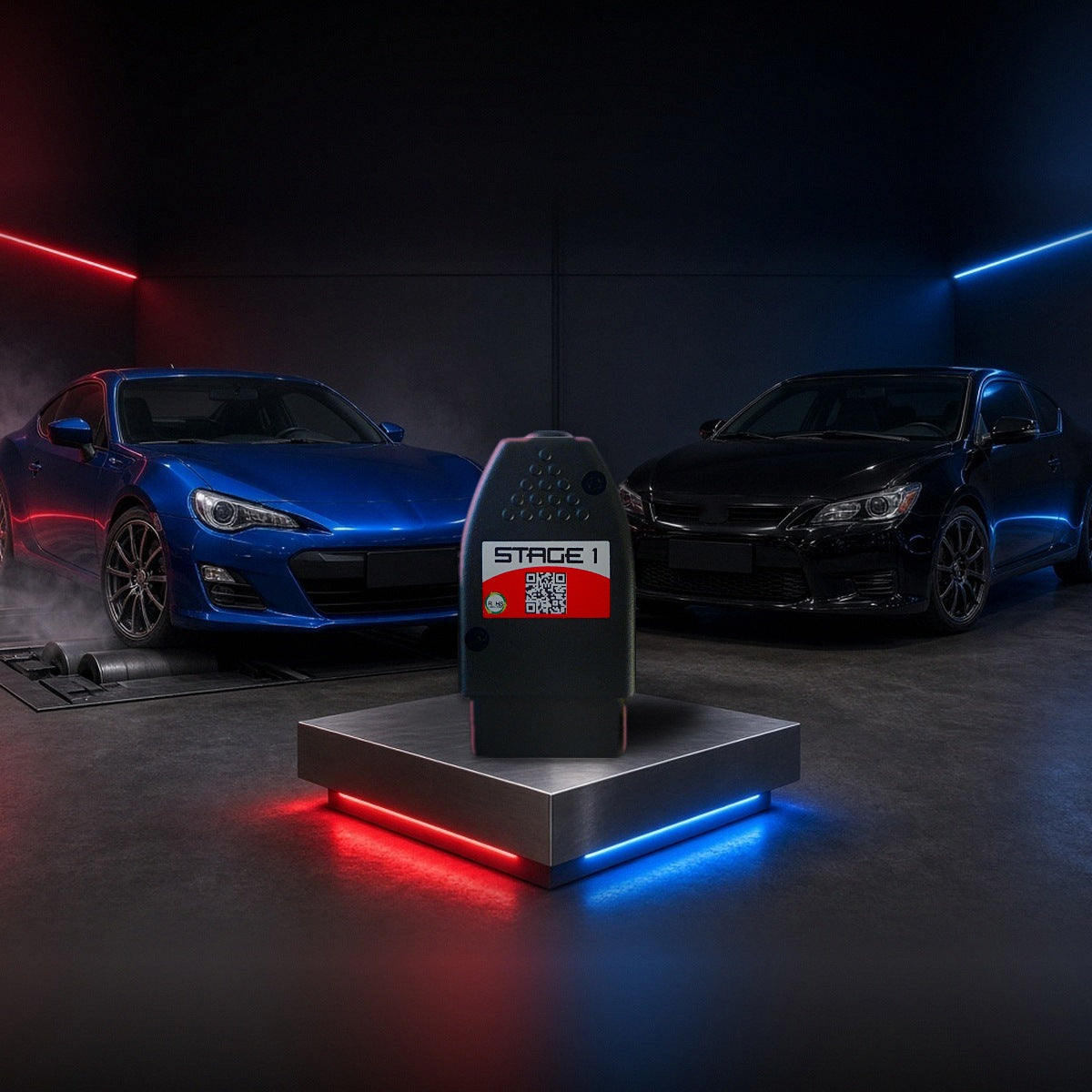 Stage 1 performance chip on a pedestal with a Scion FR-S and tC in a dyno shop