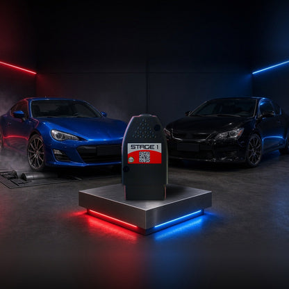 Stage 1 performance chip on a pedestal with a Scion FR-S and tC in a dyno shop