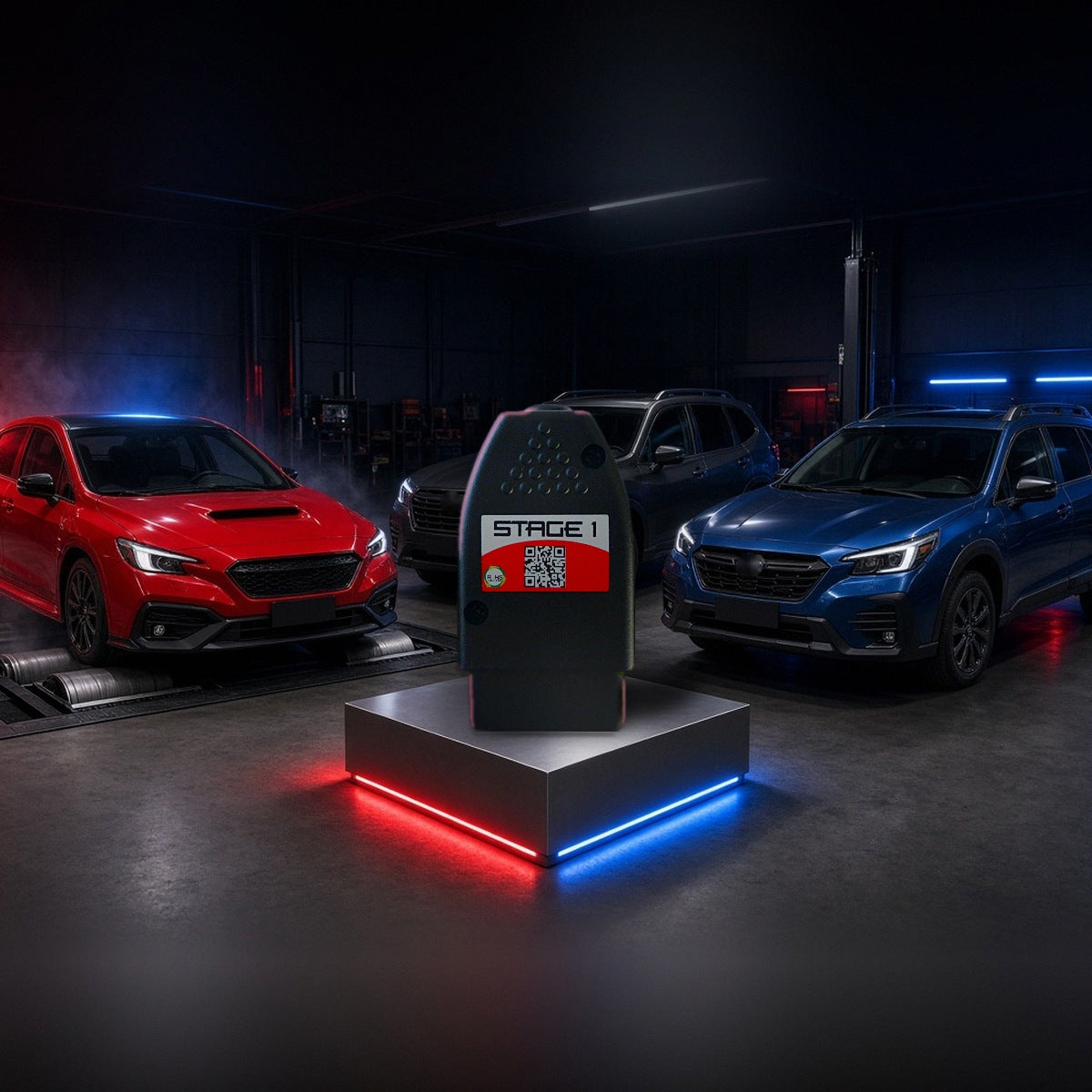 Stage 1 performance chip on a pedestal with a Subaru WRX, Forester and Outback in a dyno shop