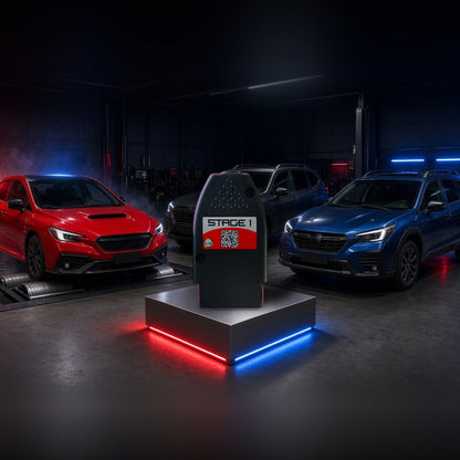 Stage 1 performance chip on a pedestal with a Subaru WRX, Forester and Outback in a dyno shop