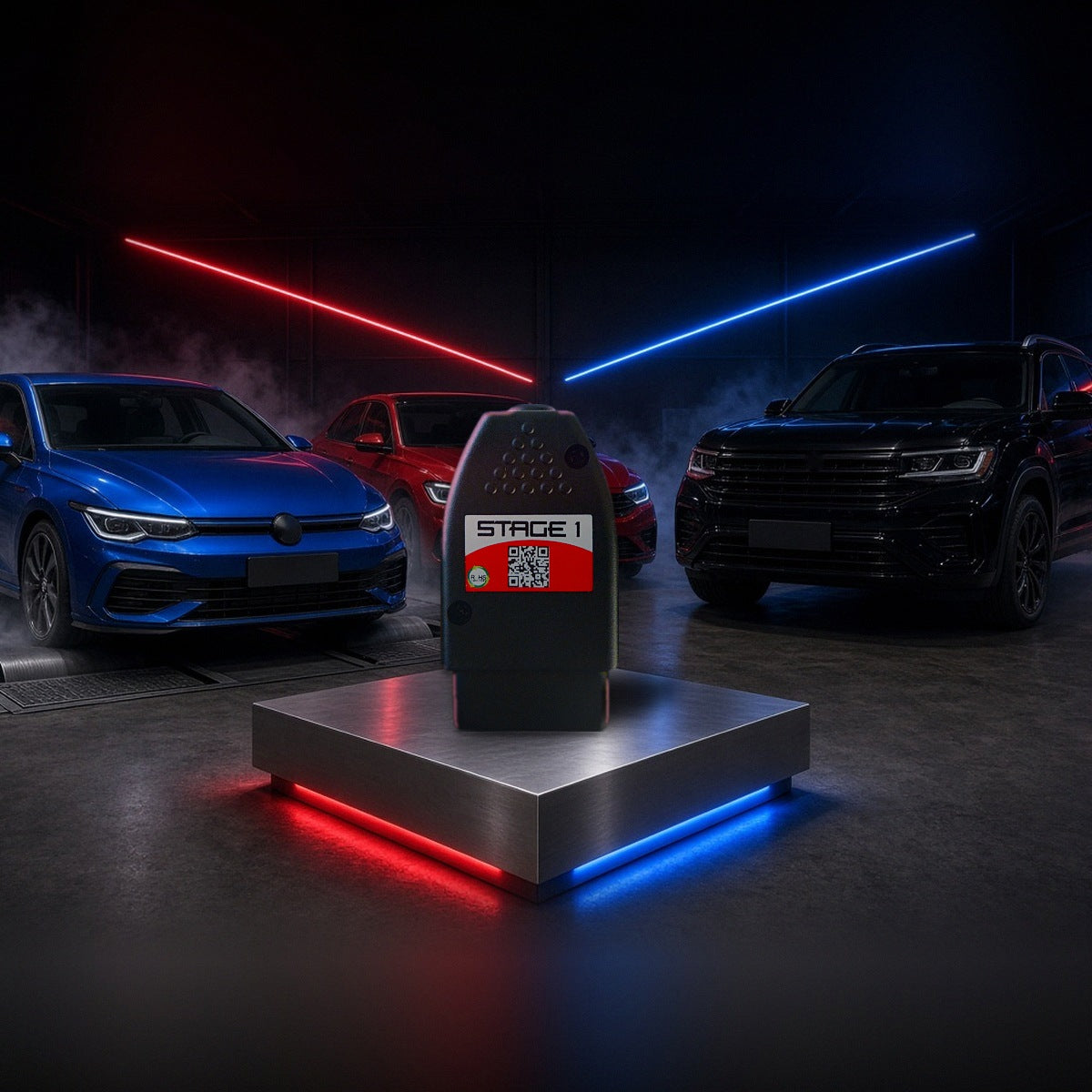 Stage 1 performance chip on a pedestal with a Volkswagen GTI, Jetta and Atlas in a dyno shop