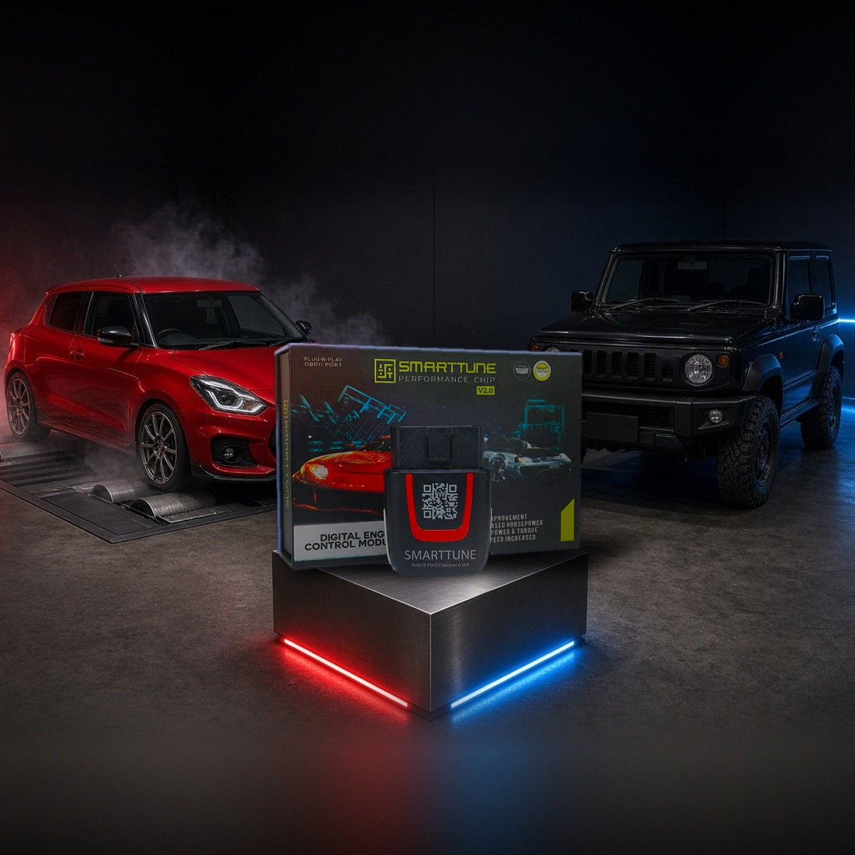 Stage 2 SmartTune performance chip on a pedestal with a Suzuki Swift Sport and Jimny in a dyno shop