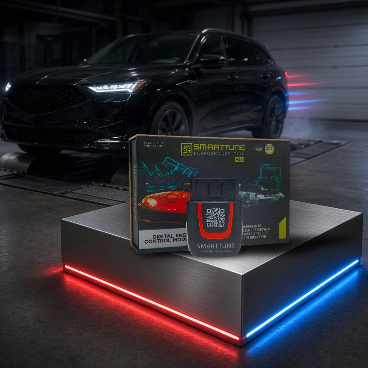 Stage 2 SmartTune performance chip on a pedestal with an Acura MDX in a dyno shop