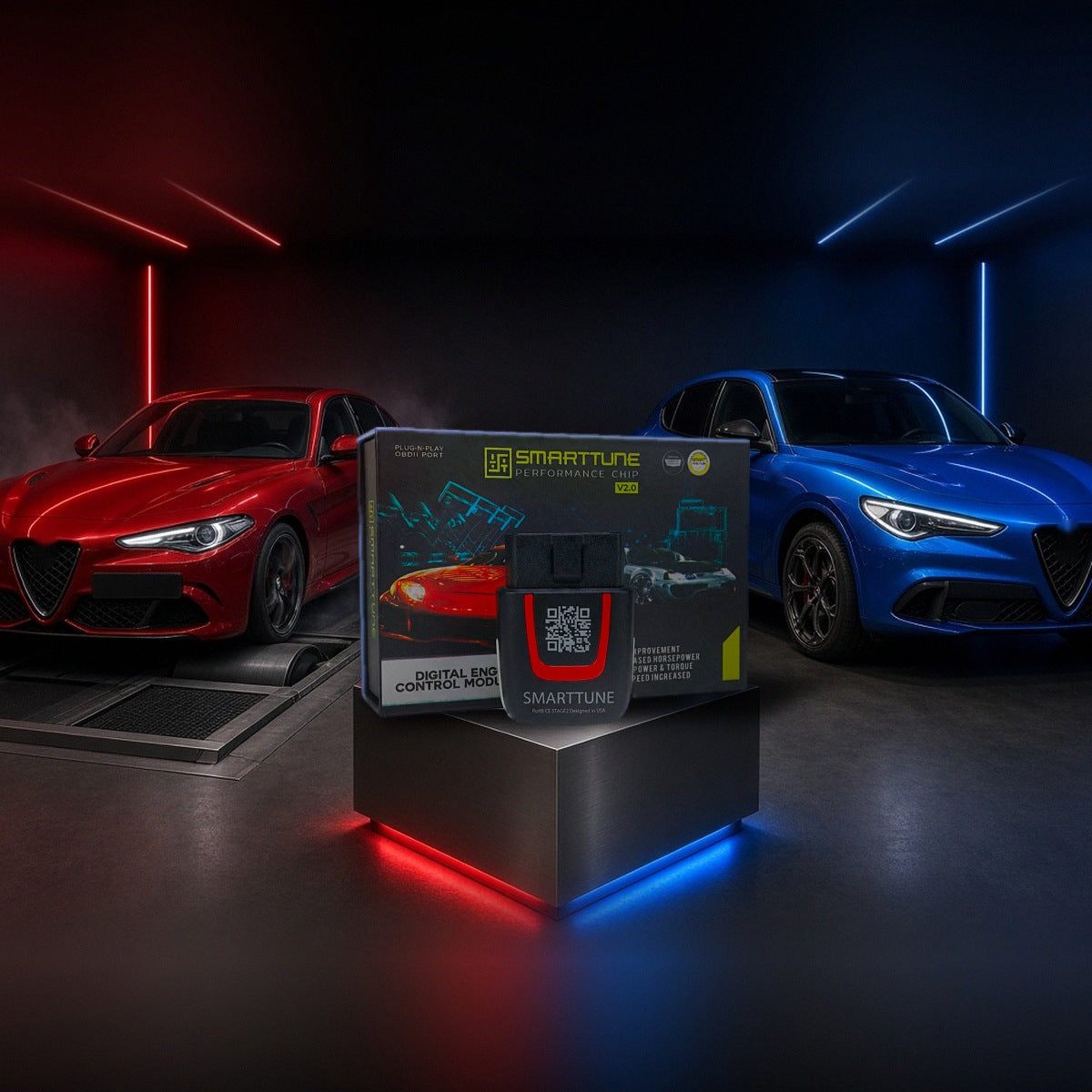 Stage 2 SmartTune performance chip on a pedestal with an Alfa Romeo Giulia and Stelvio in a dyno shop