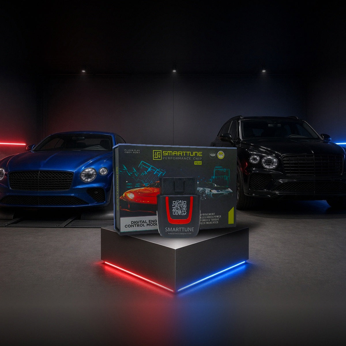 Stage 2 SmartTune performance chip on a pedestal with a Bentley Continental GT and Bentayga in a dyno shop