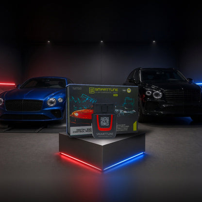 Stage 2 SmartTune performance chip on a pedestal with a Bentley Continental GT and Bentayga in a dyno shop
