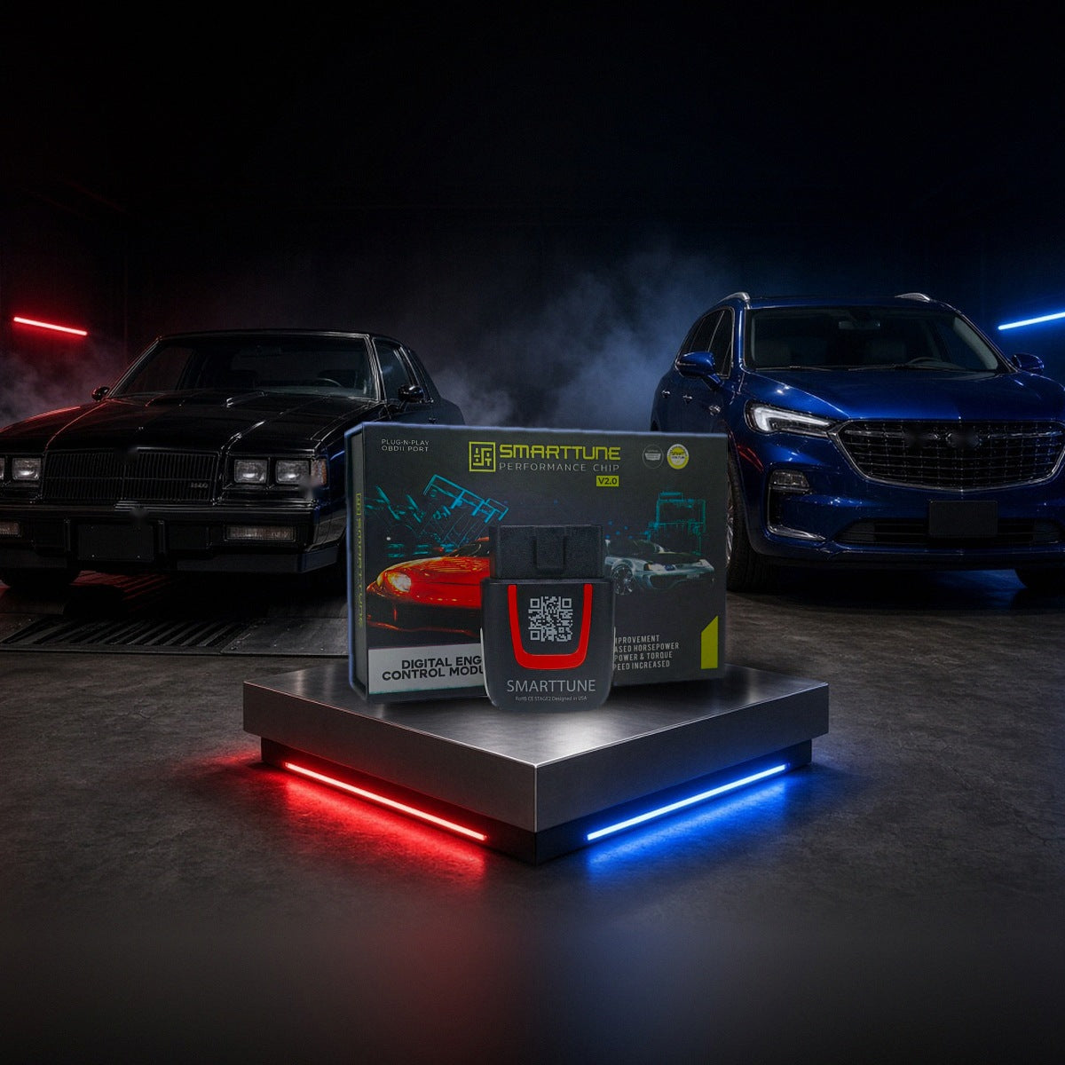 Stage 2 SmartTune performance chip on a pedestal with a Buick Grand National and Enclave in a dyno shop