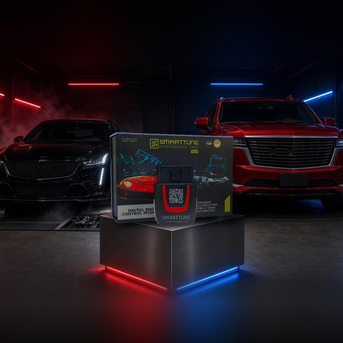 Stage 2 SmartTune performance chip on a pedestal with a Cadillac CT5-V Blackwing and Escalade in a dyno shop