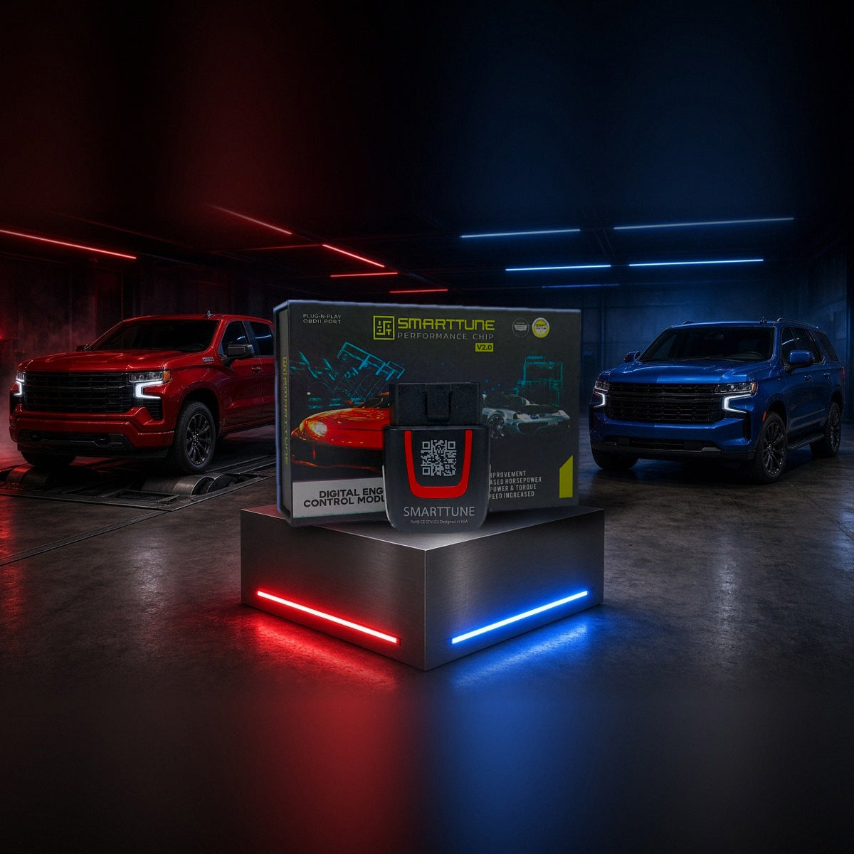 Stage 2 SmartTune performance chip on a pedestal with a Chevrolet Silverado, Camaro and Tahoe in a dyno shop
