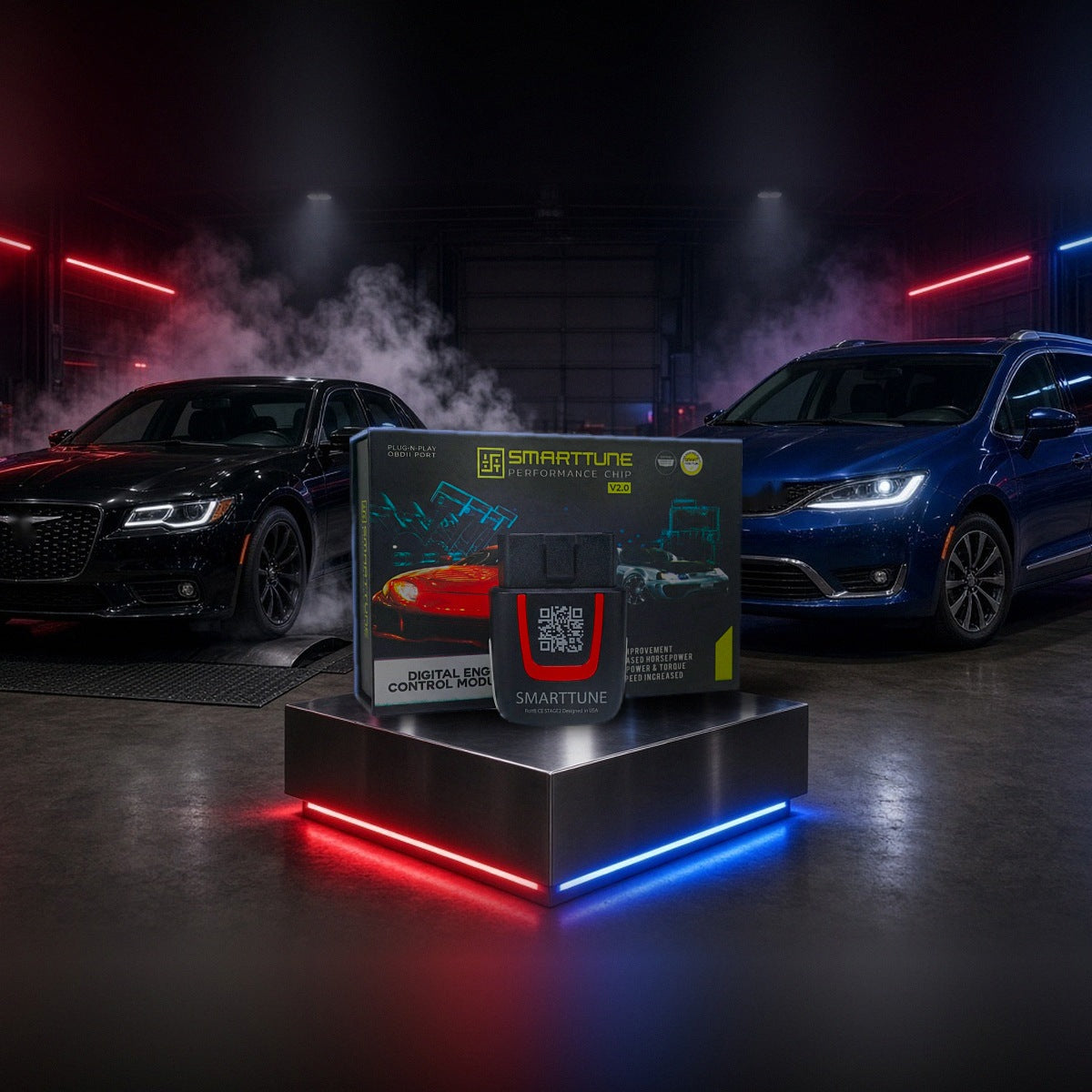 Stage 2 SmartTune performance chip on a pedestal with a Chrysler 300 and Pacifica in a dyno shop