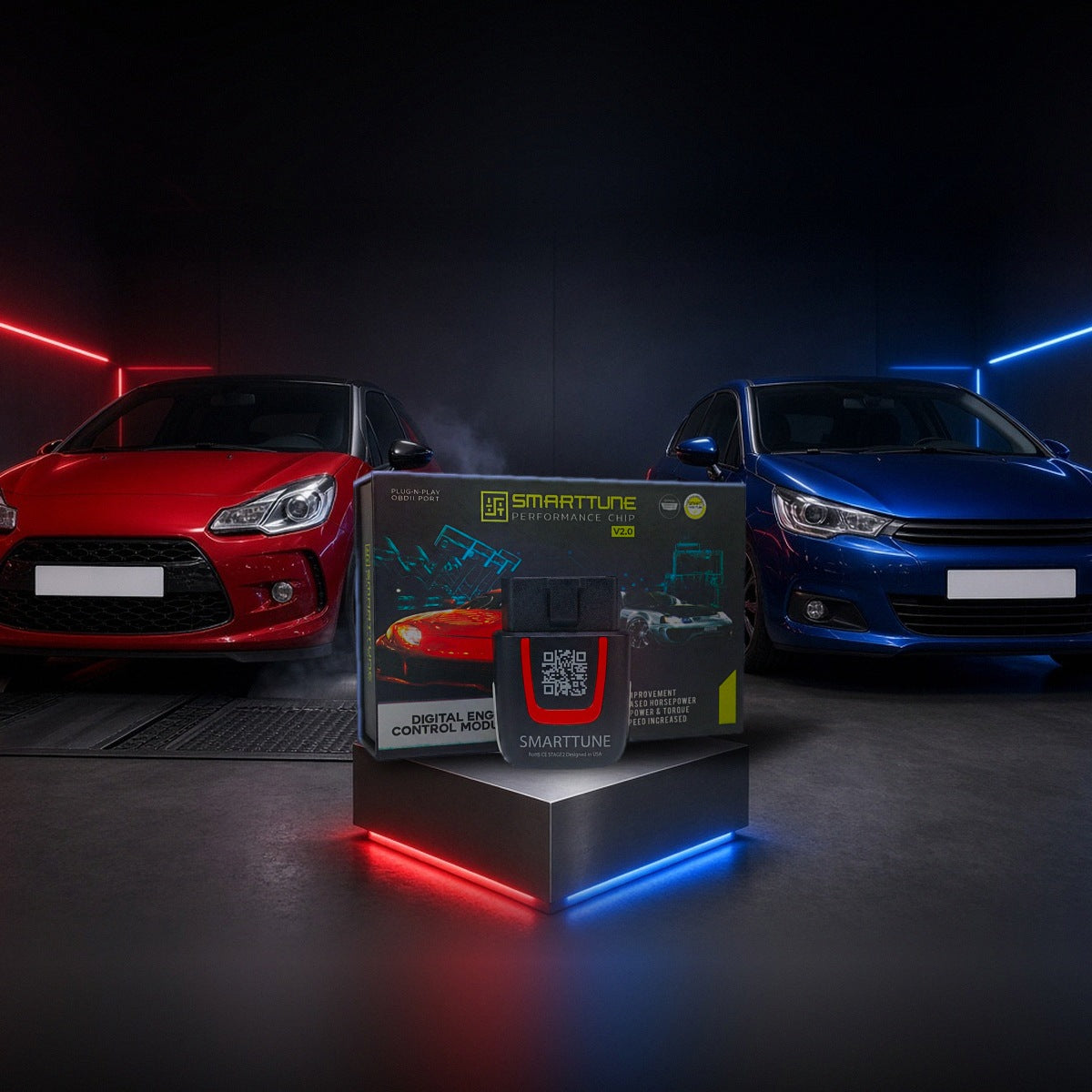 Stage 2 SmartTune performance chip on a pedestal with a Citroen DS3 and C4 in a dyno shop