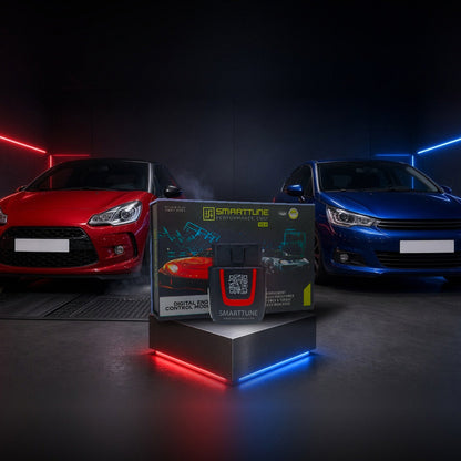 Stage 2 SmartTune performance chip on a pedestal with a Citroen DS3 and C4 in a dyno shop