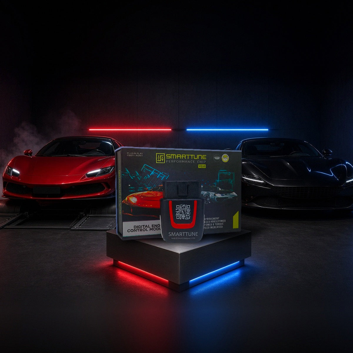 Stage 2 SmartTune performance chip on a pedestal with a Ferrari 296 GTB and Roma in a dyno shop