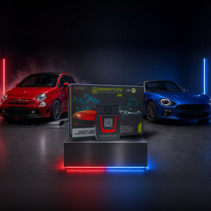 Stage 2 SmartTune performance chip on a pedestal with a Fiat 500 Abarth and 124 Spider in a dyno shop