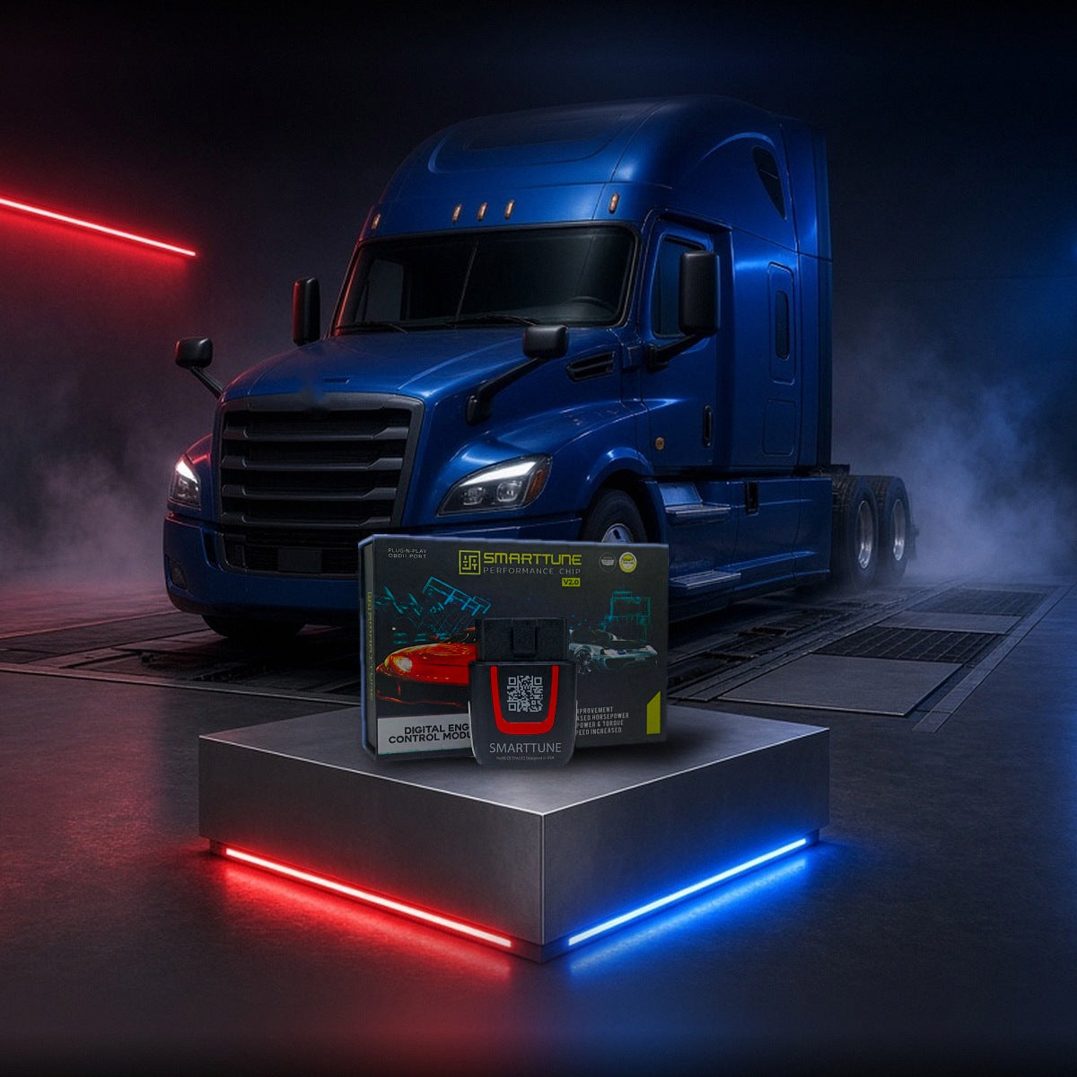 Stage 2 SmartTune performance chip on a pedestal with a Freightliner Cascadia semi truck in a dyno shop