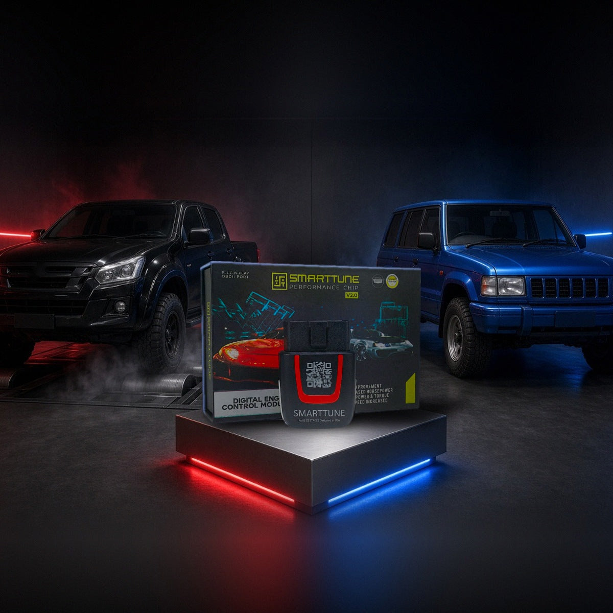 Stage 2 SmartTune performance chip on a pedestal with an Isuzu D-Max and Trooper in a dyno shop