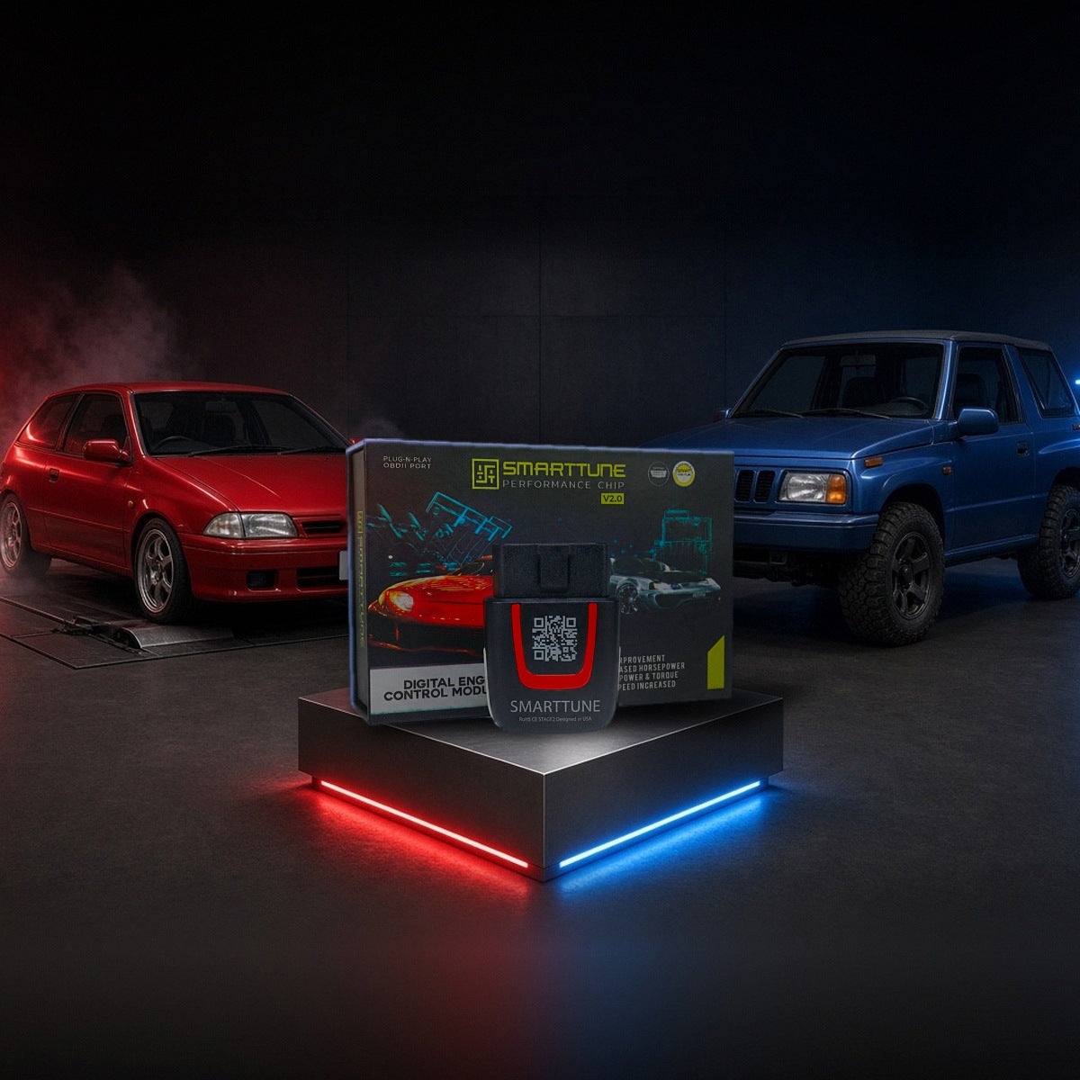 Stage 2 SmartTune performance chip on a pedestal with a GEO Metro and Tracker in a dyno shop